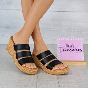 Kork-Ease MENZIE K45503 Black Leather Platform Cork Wrapped Wedge Sandals Sz 8 M